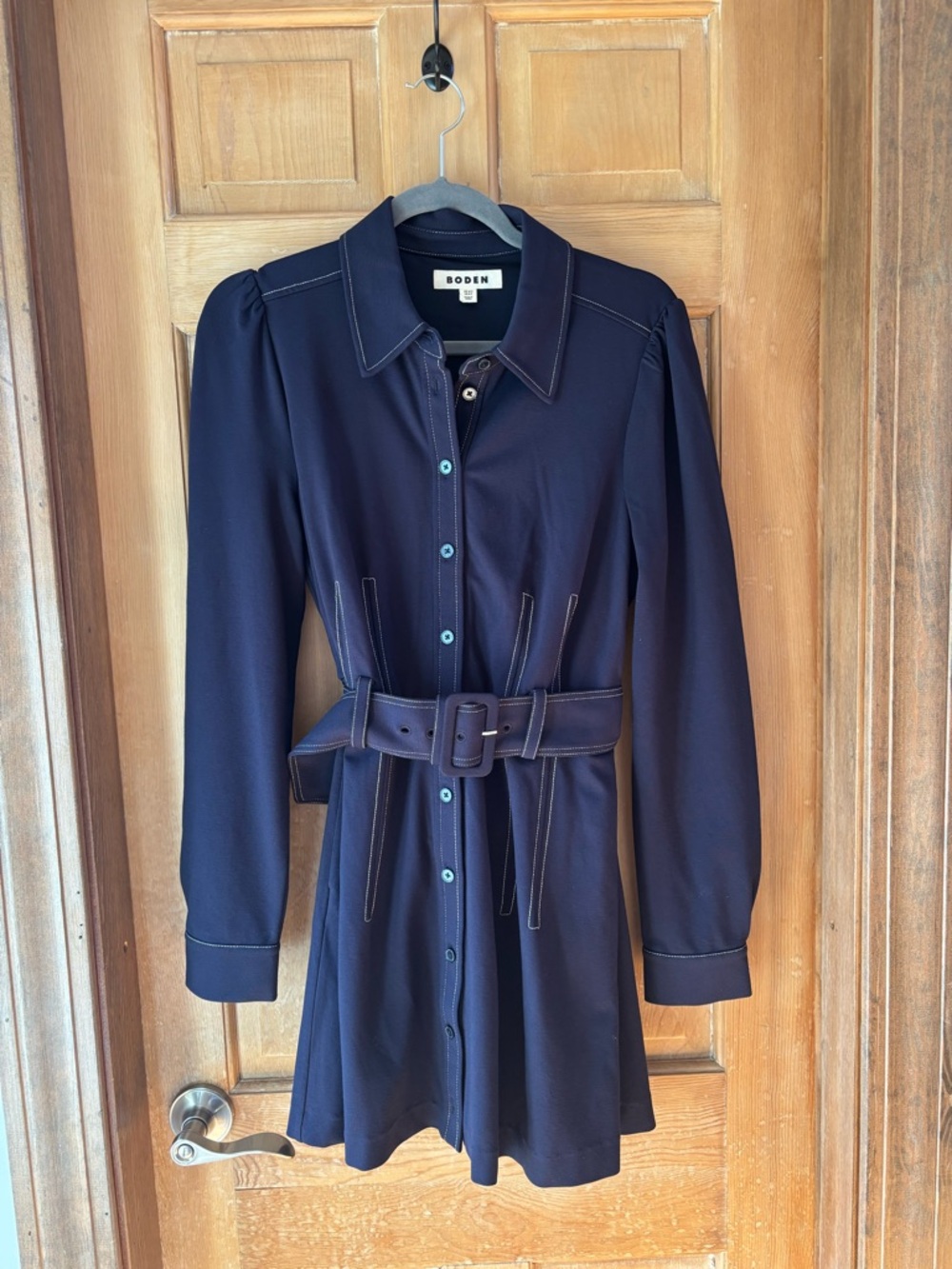 Boden Navy Belted Shirt Dress US 8 Puff Sleeve Contrast Stitch Retro Mod